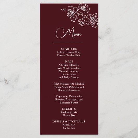 Menu White Line Art Flowers Deep Burgundy Wedding (Devant)