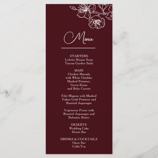 Menu White Line Art Flowers Deep Burgundy Wedding (Devant)