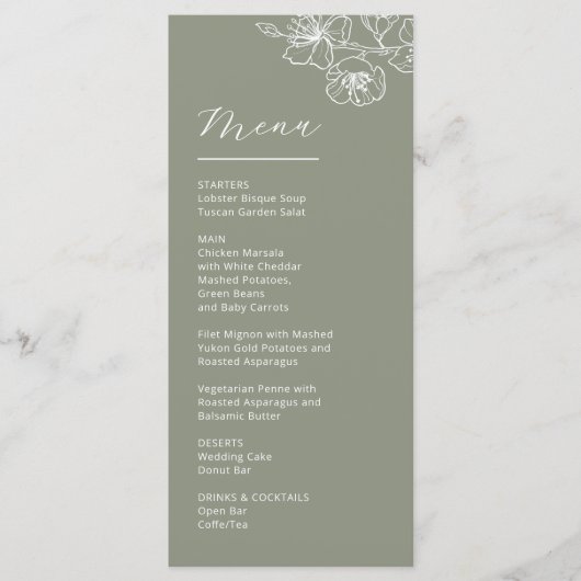 Menu White Line Art Flowers Sage Green Wedding (Devant)