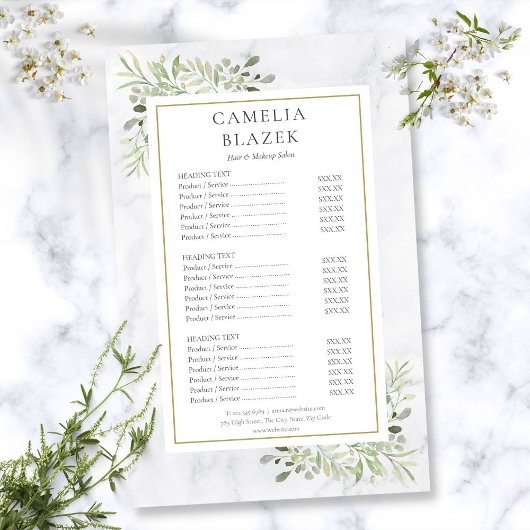 Menu White Marble Greenery Salon Service