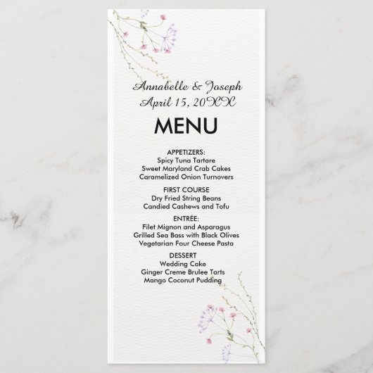 Menu White Minimalist watercolor flowers wedding (Devant)