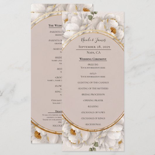 Menu White Peony & Blush Rose Floral Wedding Program (Devant / Derrière)