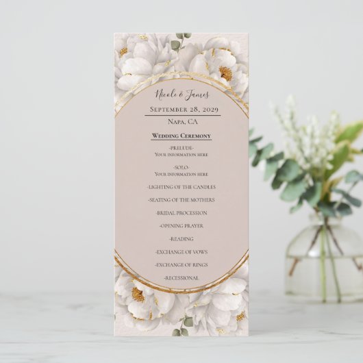 Menu White Peony & Blush Rose Floral Wedding Program (Debout devant)
