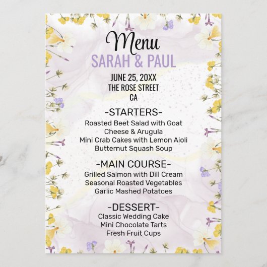 Menu Wildflower Lavender and Yellow Floral Wedding (Devant)