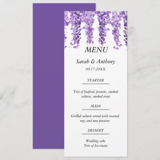 Menu Wisteria Purple Floral Aquarelle Mariage (Devant / Derrière)