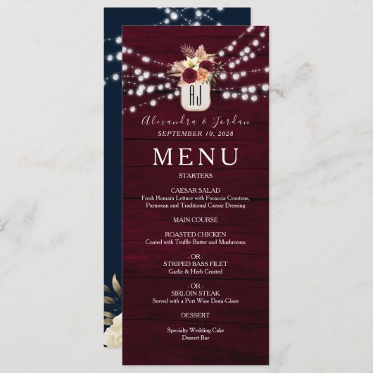 Menu Woodland Rustique Bourgogne Mariage (Devant / Derrière)