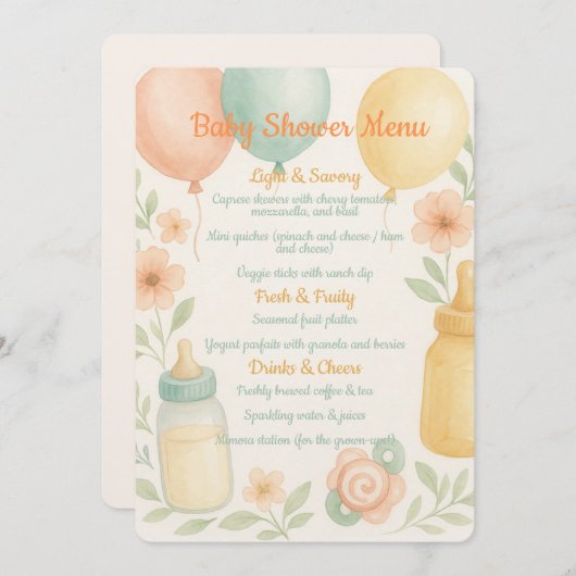 Menu Zachte Waterverf Baby shower Kaart (Voorkant / Achterkant)