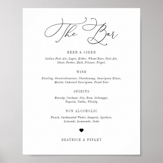 Menu Zwart Beatrice Script Elegant Wedding Bar Poster (Voorkant)