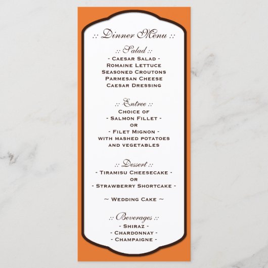 Menus d'accueil de mariage Brown et blanc orange (Devant)