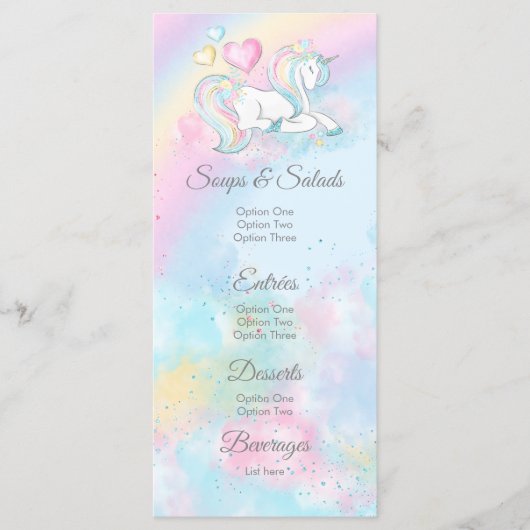 Menus de Baby shower Unicorne Aquarelle (Devant)