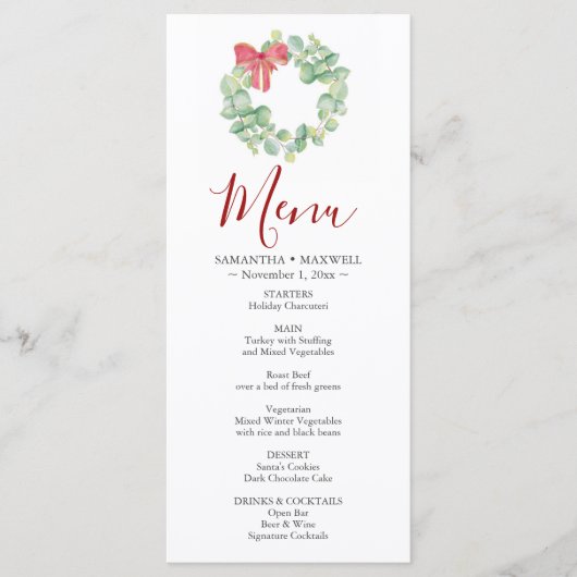 Menus de fête de Noël à couronne d'aquarelle (Devant)