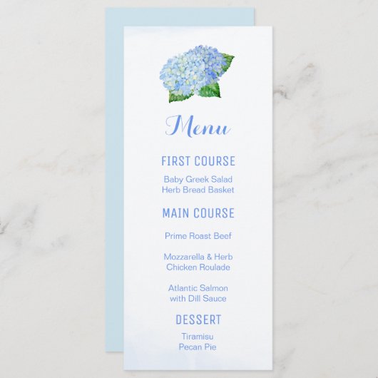 Menus de fleurs d'aquarelle bleu Hydrangea (Devant / Derrière)