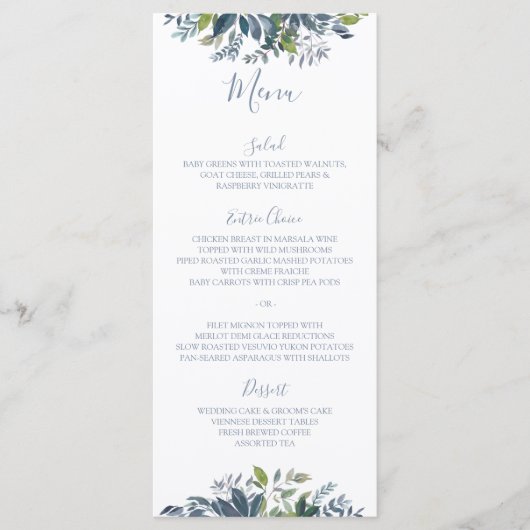 Menus de mariage à verdure peinte Bleu poussiéreux (Devant)