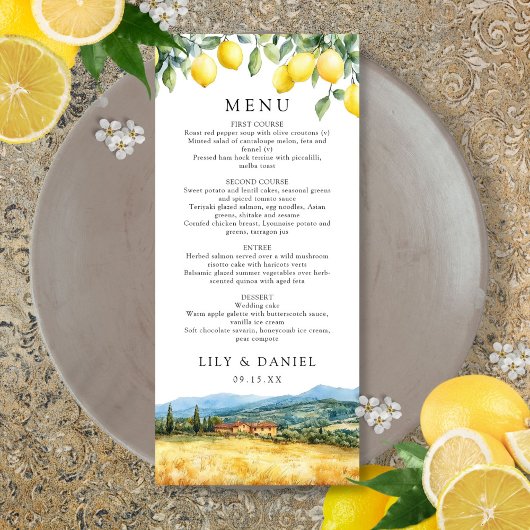 Menus de mariage aquarelle citrons Toscane Italie