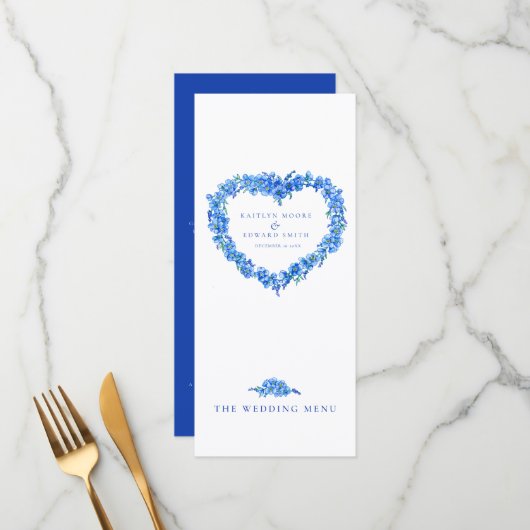 Menus de mariage blanc bleu-bleu-du-coeur (Devant/Arrière en situation)