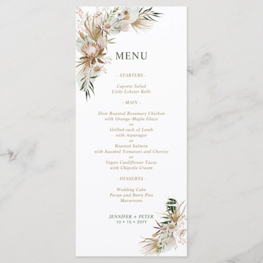 Menus de mariage bohème botanique vert et or (Devant)