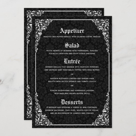 Menus de Mariage damassé gothique noir (Devant / Derrière)