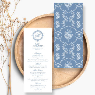 Menus de mariage élégants vintage bleu Toile Monog