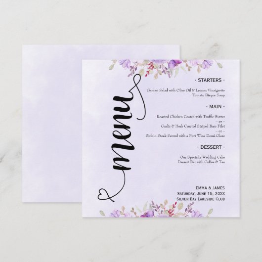 Menus de Mariage floral violet chic (Devant / Derrière)