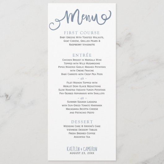 Menus de mariage modernes | Typographie (Bleu Pous (Devant)