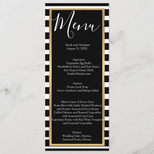 Menus de mariage rayés noir et blanc (Devant)