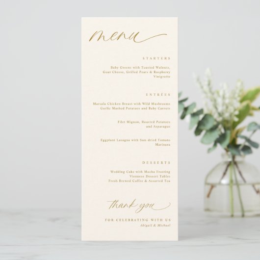 Menus de mariage romantiques crème et or (Debout devant)