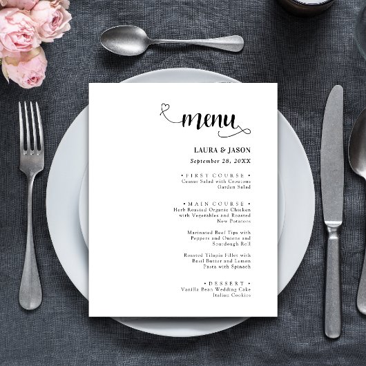 Menus de mariage rustiques avec calligraphie simpl