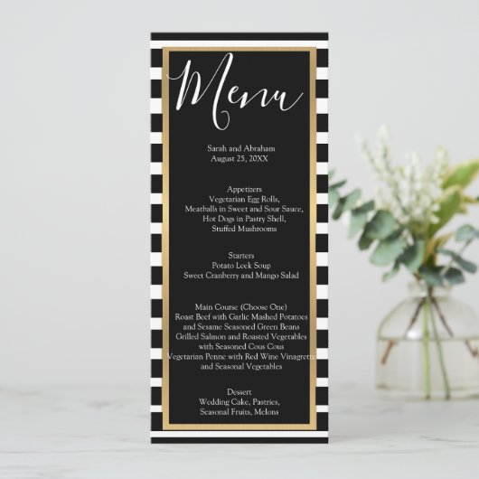 Menus de menu Mariage rayé noir et blanc (Debout devant)
