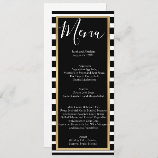 Menus de menu Mariage rayé noir et blanc (Devant / Derrière)