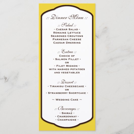 Menus de réception de mariage Brown et blanc jaune (Devant)