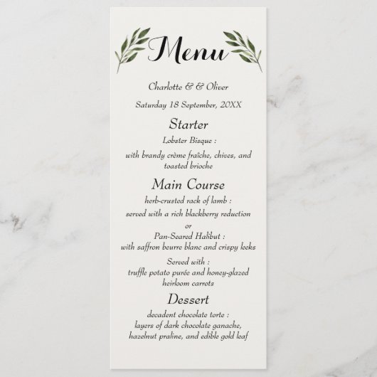 Menus de réception de mariage élégants botaniques (Devant)