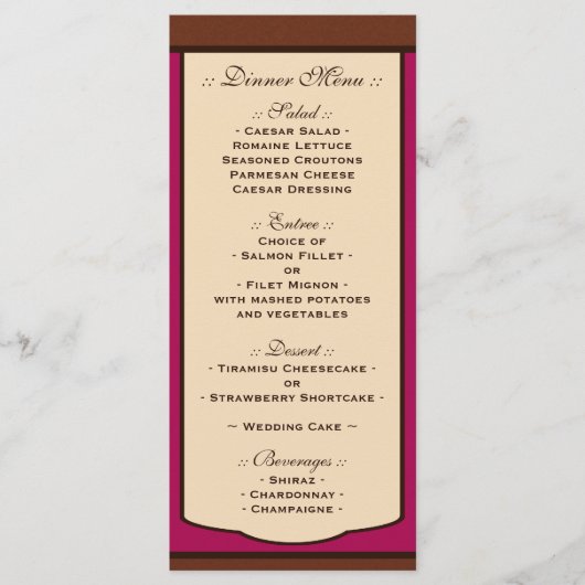 Menus de réception de mariage Sweet Mocha & Fuchsi (Devant)