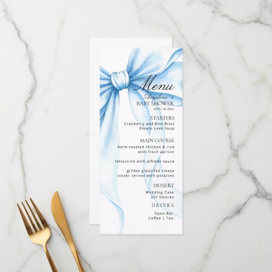 Menus for a modern  baby shower. (Devant/Arrière en situation)