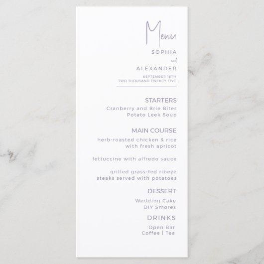 Menus for a modern wedding. (Devant)