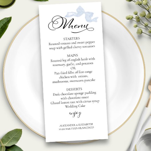 Menus Mariage aquarelle | Blue Bow Calligraphy