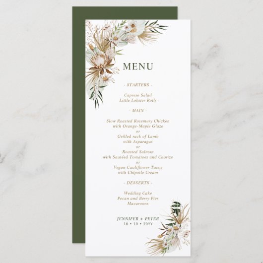 Menus Mariage Botanique Boho Vert & Or (Devant / Derrière)