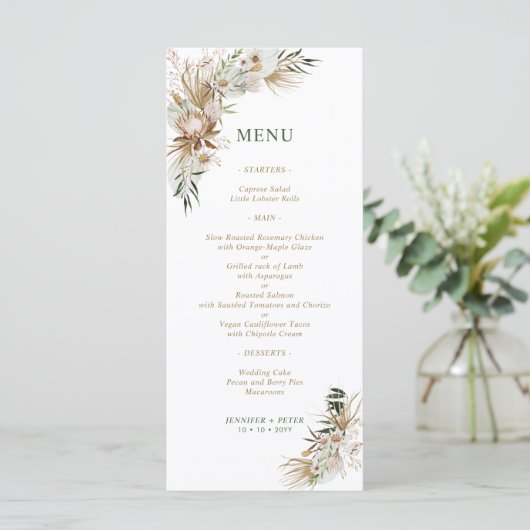Menus Mariage Botanique Boho Vert & Or (Debout devant)