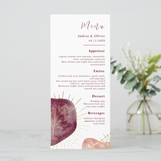 Menus Mariage de forme d'aquarelle Abstraite (Debout devant)