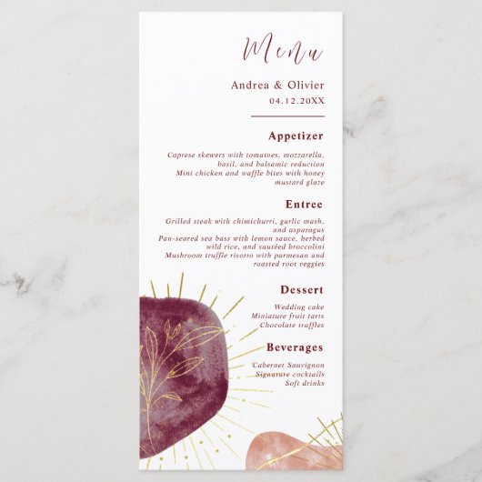 Menus Mariage de forme d'aquarelle Abstraite (Devant)