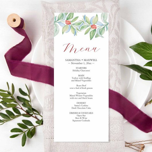 Menus Mariage de Noël Aquarelle Verdure