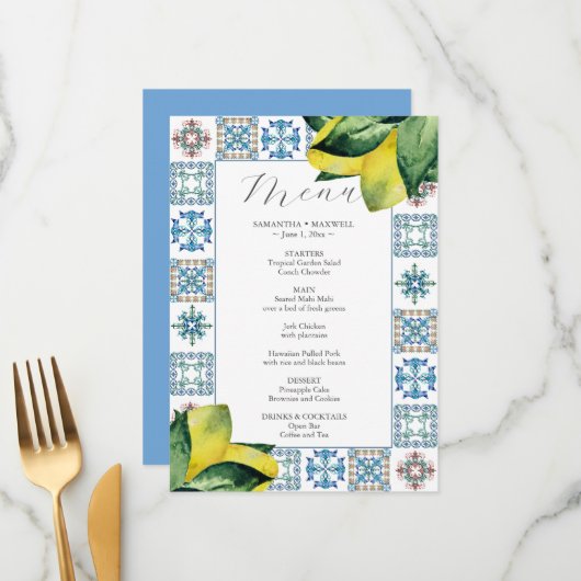 Menus mariage Italien Amalfi Tile Thème (Devant/Arrière en situation)