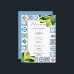 Menus mariage Italien Amalfi Tile Thème<br><div class="desc">Cet élégant menu de 5x7 mariage est composé de citrons d'aquarelle dans les tons jaunes avec un motif de carreaux Amalfi dans les tons bleu et rouille. Le mot "Menu" est défini dans le script de calligraphie. Utilisez les champs modèle pour ajouter vos éléments de menu personnalisés. Parfait pour les...</div>