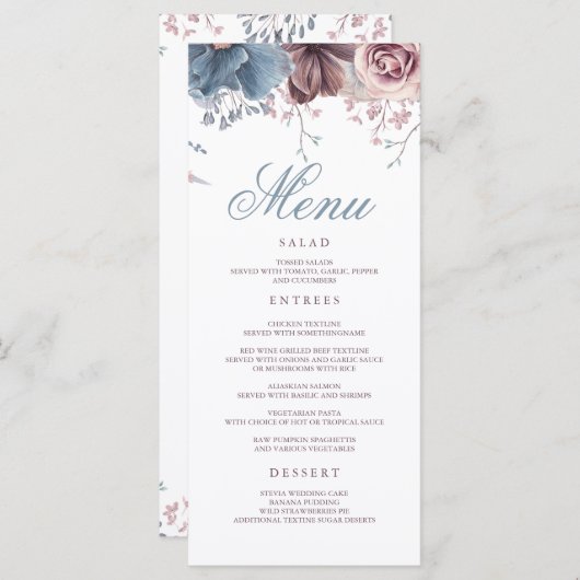 Menus Mariage moderne Dusty Blue et Mauve (Devant / Derrière)