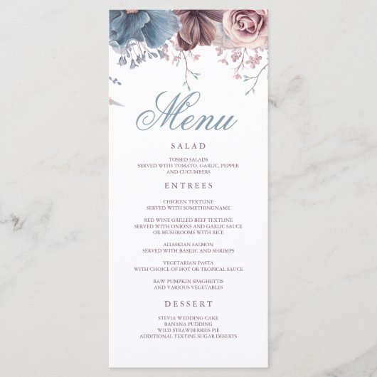 Menus Mariage moderne Dusty Blue et Mauve (Devant)