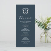 Menus mariage Simple Monogram Crest Blue (Debout devant)