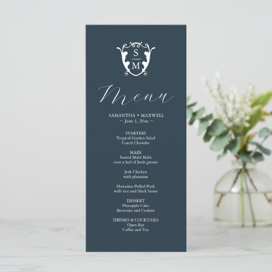 Menus mariage Simple Monogram Crest Blue (Debout devant)