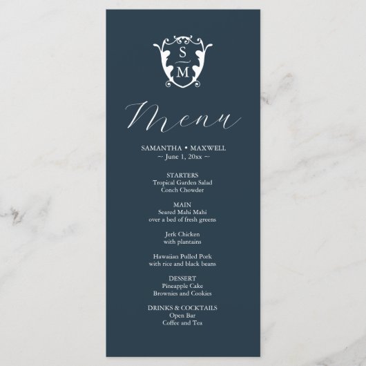 Menus mariage Simple Monogram Crest Blue (Devant)