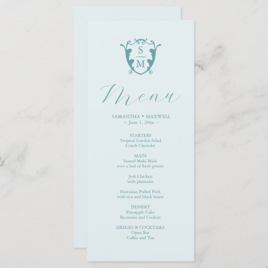 Menus mariage Simple Monogram Crest Blue (Devant / Derrière)
