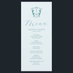Menus mariage Simple Monogram Crest Blue<br><div class="desc">Ce menu de mariage élégant présente une simple crête monographique avec les initiales de la mariée et du marié. Le mot "Menu" est défini dans le script de calligraphie. Utilisez les champs modèle pour ajouter vos éléments de menu personnalisés en turquoise sur un arrière - plan bleu pâle. Parfait pour...</div>