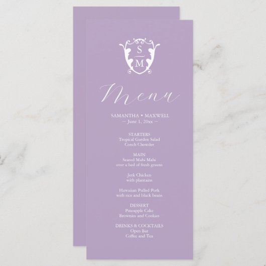 Menus mariage Simple Monogram Crest Lilac (Devant / Derrière)